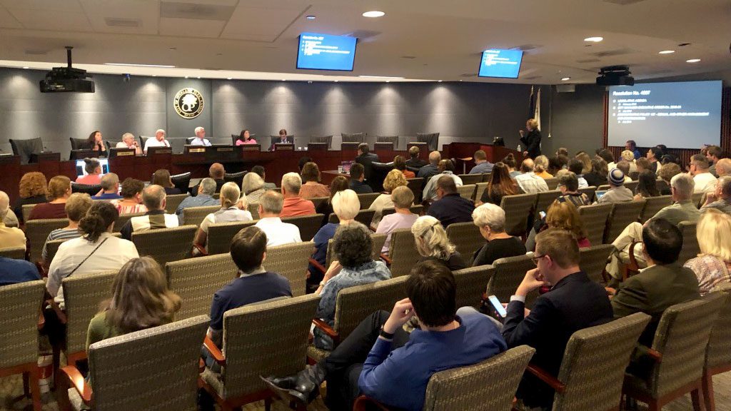 Overland Park Council chamber filled with residents waiting speak on non-discrimination ordinance at community development committee meeting