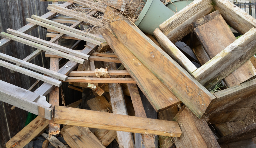 Close-up of a pile of wooded construction debris.