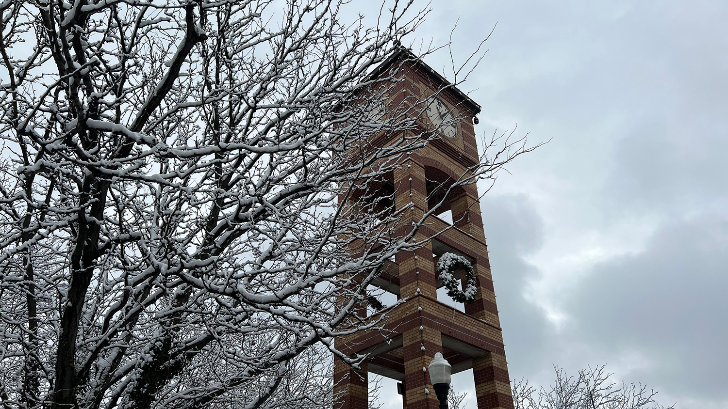A tree with snow covered branches stretches in front of the clocktower in Downtown Overland Park.