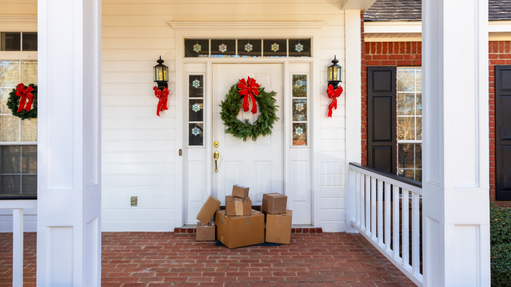 A stack of packages sits outside of a white front door decorated with holiday decor.