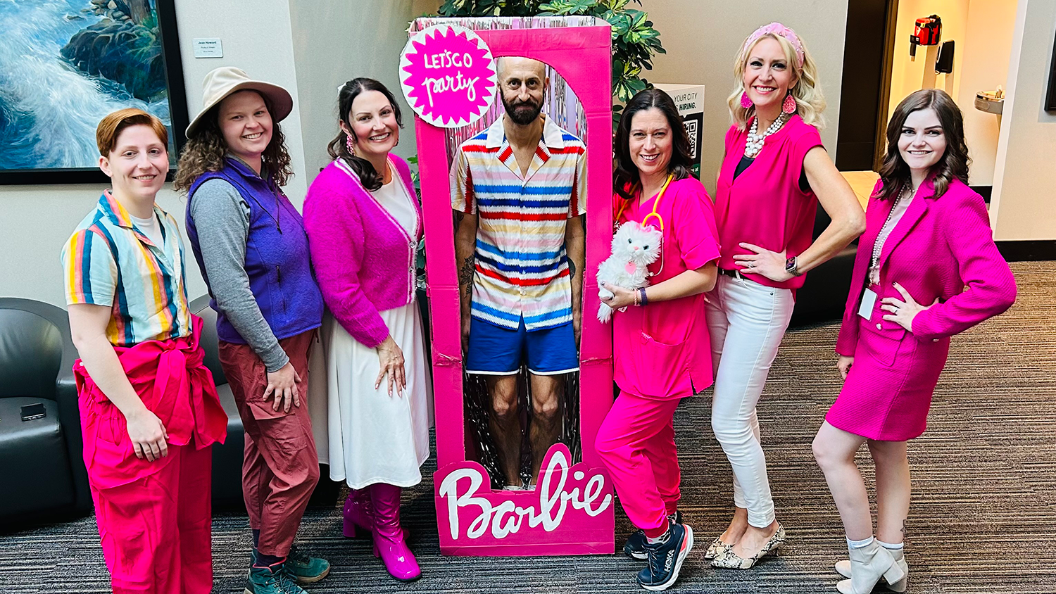 A group of Overland Park staff dressed as characters from Barbie for Halloween.