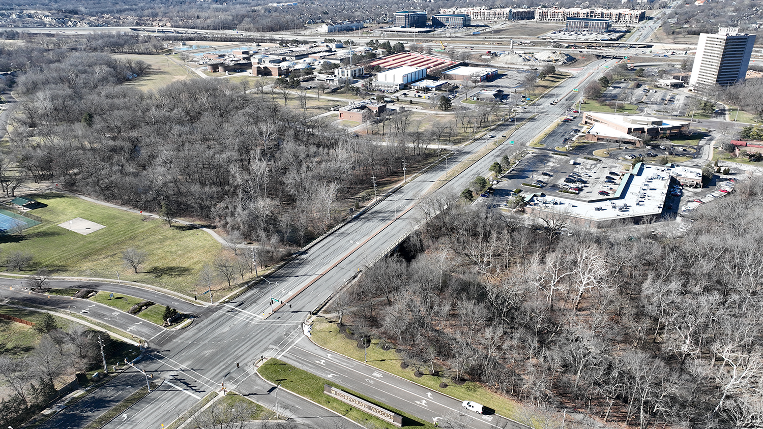 An aerial photo of the bridge at College Blvd. and Indian Creek.