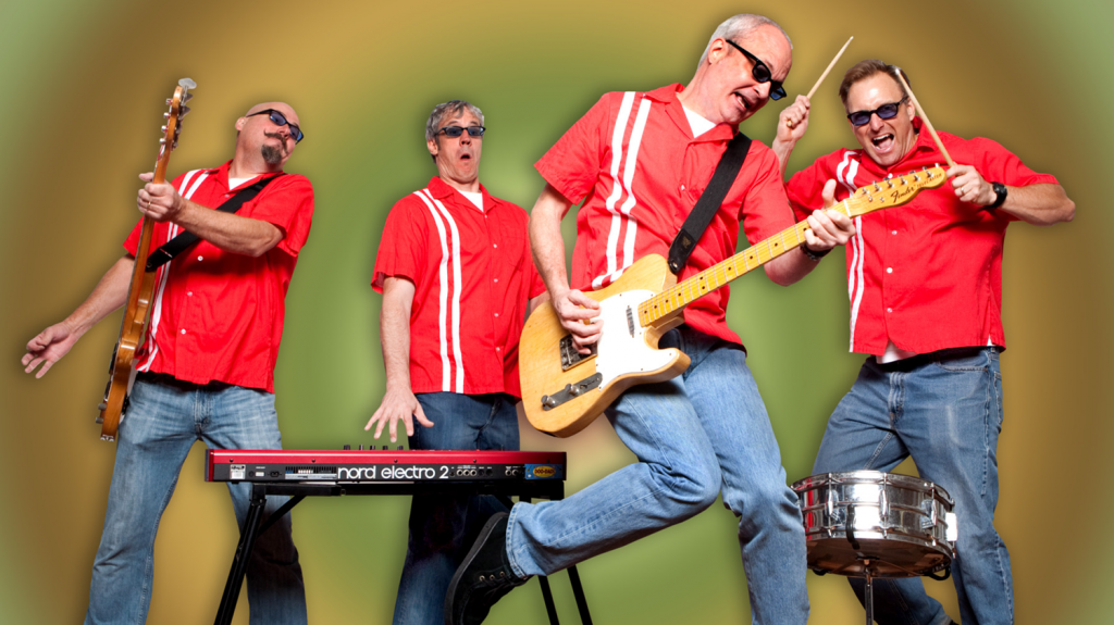 Musical group Doo-Dads jump while playing musical instruments.