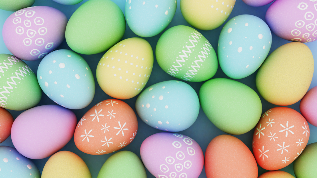A group of brightly-colored decorated eggs.