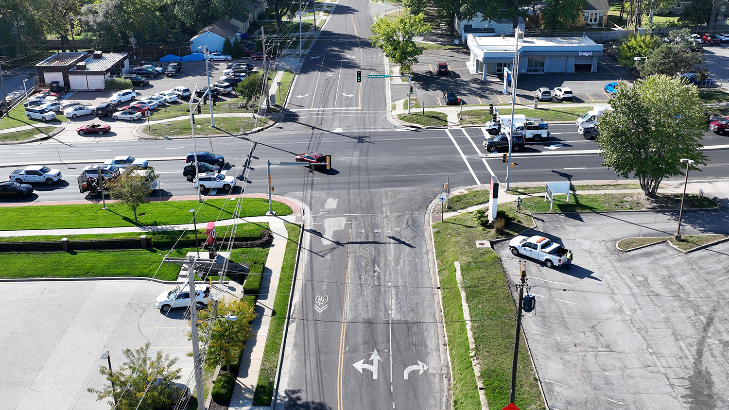 An aerial photo of a traffic signal reconstruction project on Shawnee Mission Parkway.