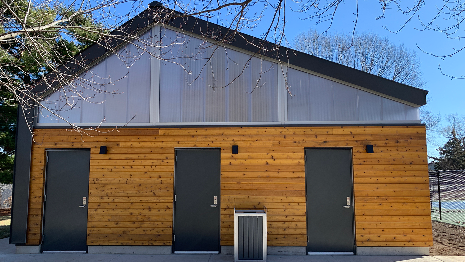 A newly constructed, solar-powered restroom facility at Maple Hills Park.