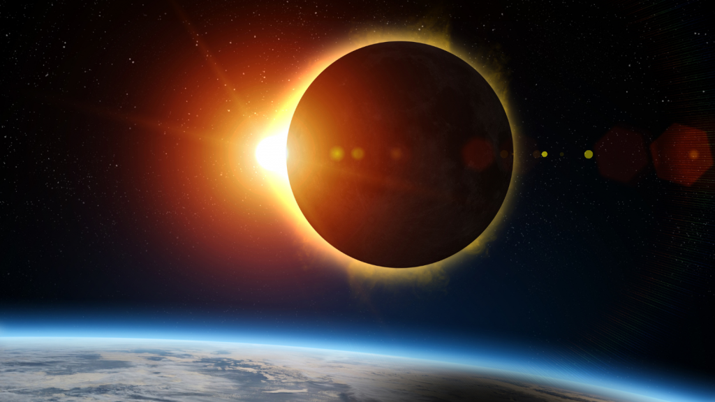 Digital rendering of the moon covering the sun during a solar eclipse.