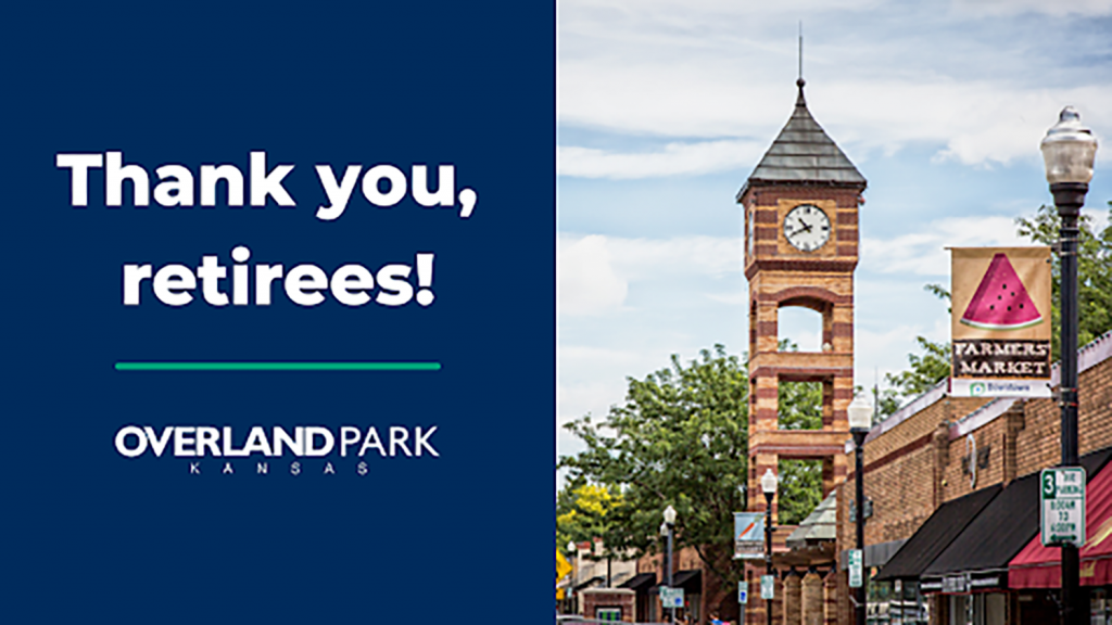 Graphic that reads "Thank you, retirees!" and features the Clock Tower Landing.