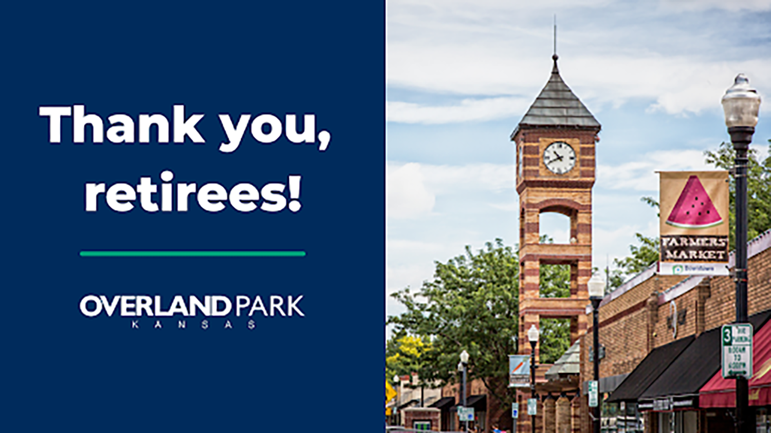 Graphic that reads "Thank you, retirees!" and features the Clock Tower Landing.