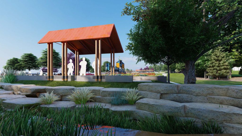 A project rendering for B-B Park displays architectural concepts for the design.