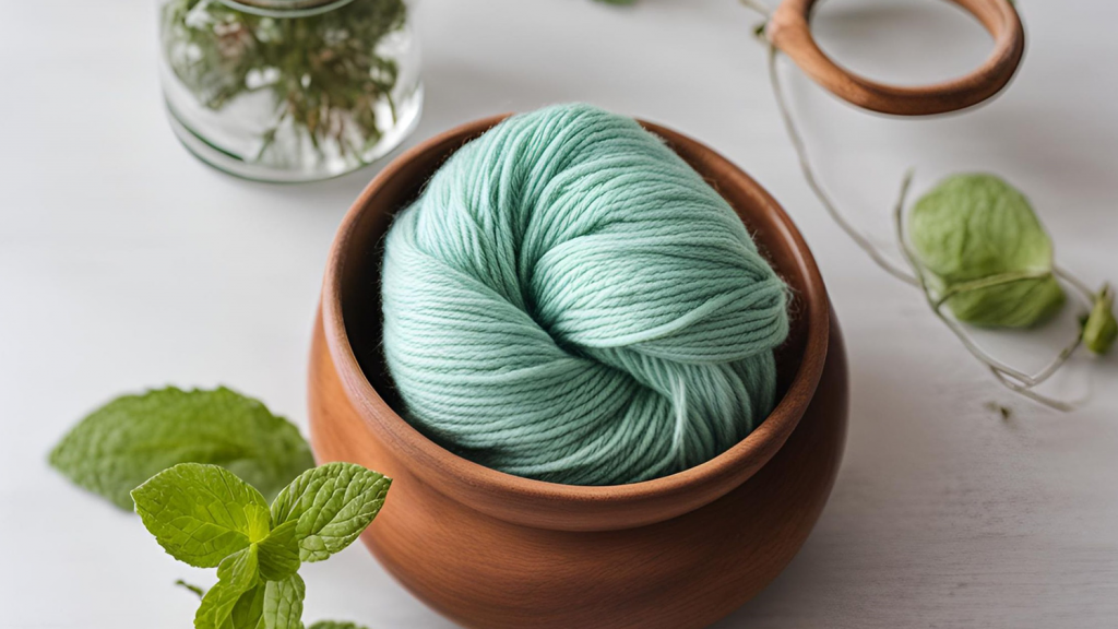 A spool of mint green yarn sits in a red clay pot on a table, surrounded by three small green plants.