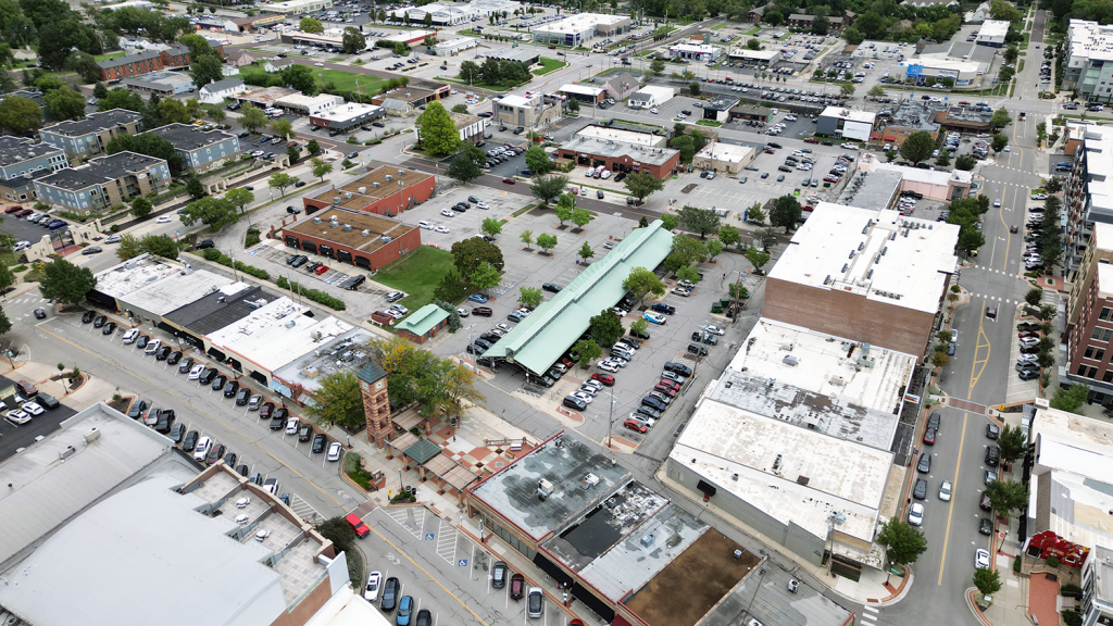 Aerial view of Downtown Overland Park and the Overland Park Farmers' Market.