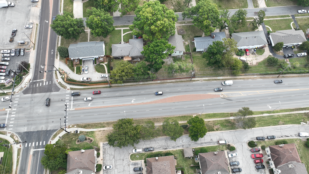 Aerial view of a pedestrian trail along Metcalf.