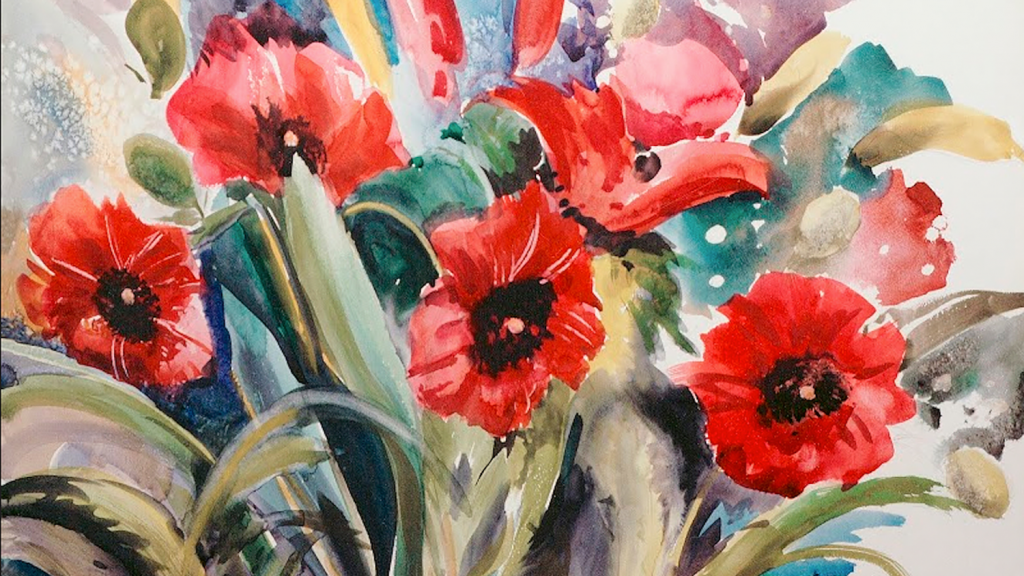 Vibrant painting of red poppy flowers in a bouquet.