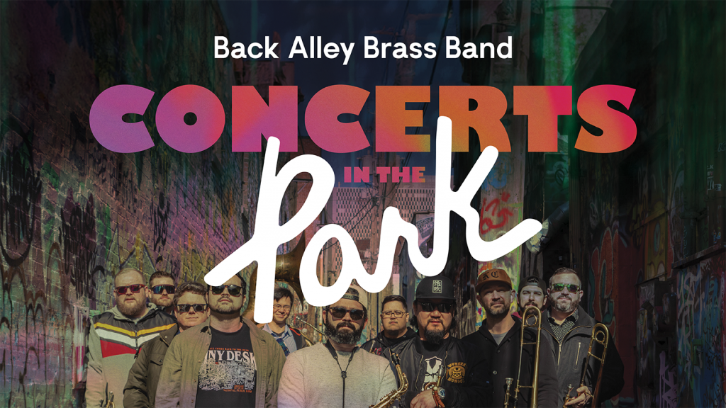 Event graphic for Concerts in the Park advertising Back Alley Brass Band.