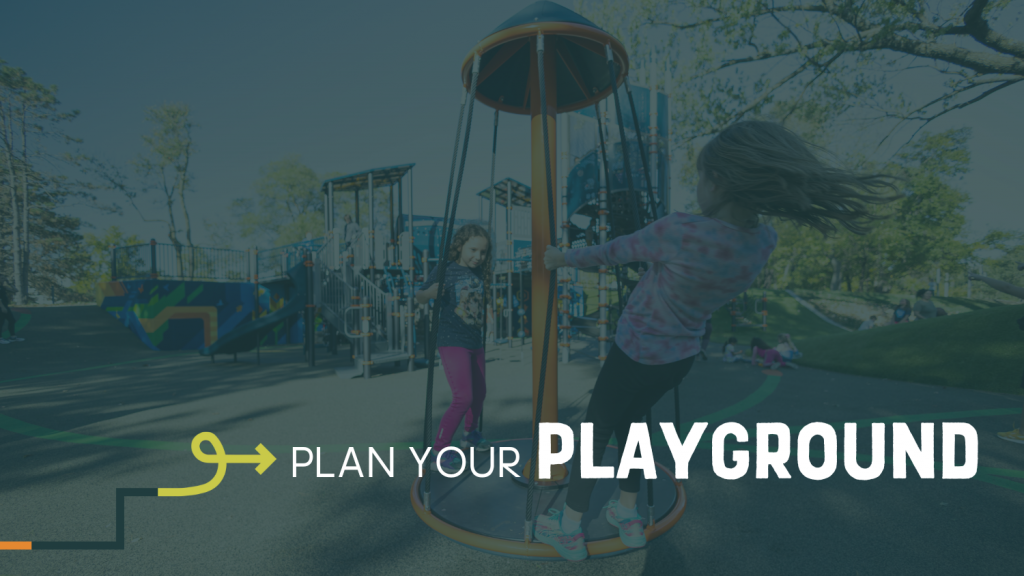 Two young girls play on a playground. Below the children reads "Plan Your Playground."