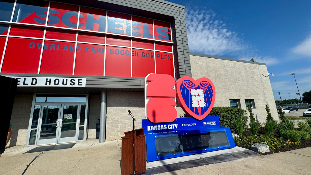 The KC2026 countdown clock sits in front of the Scheels Overland Park Soccer Complex.