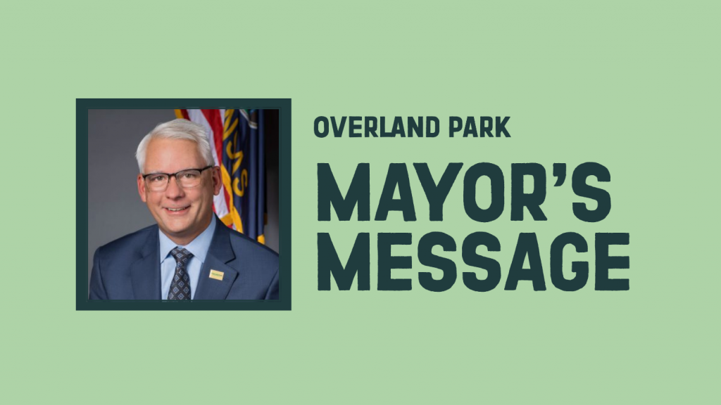 Graphic that reads "Overland Park Mayor's Message" and features a headshot of Curt Skoog.