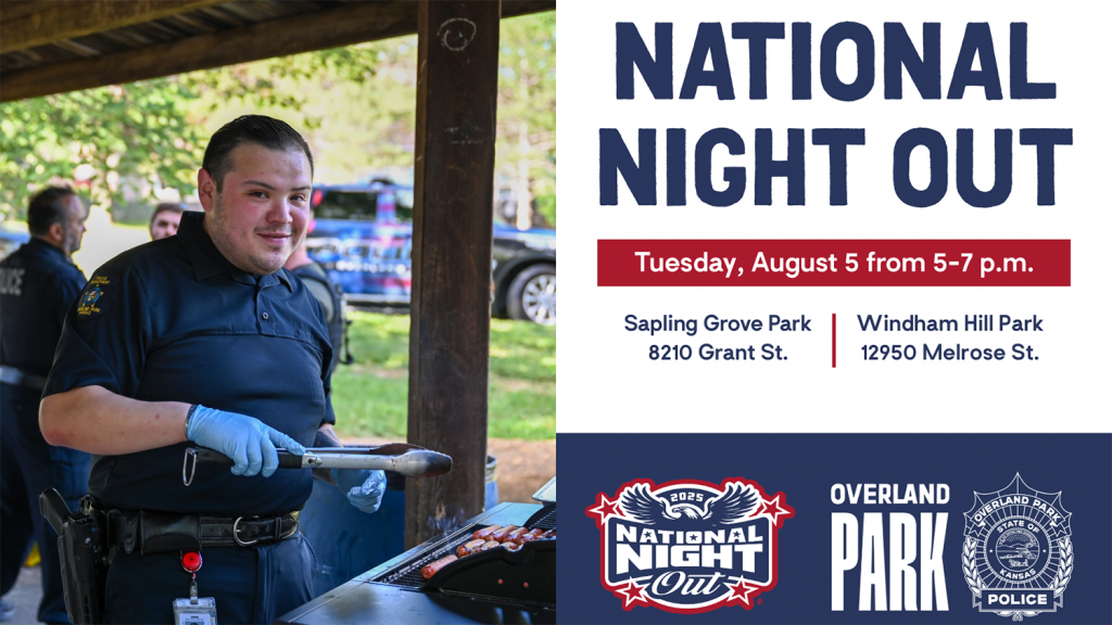 Event graphic that reads "National Night Out" for Tuesday, August 5 from 5-7 p.m. at two locations, Sapling Grove Park and Windham Hill Park. An image of a police officer grilling hot dogs accompanies the text.