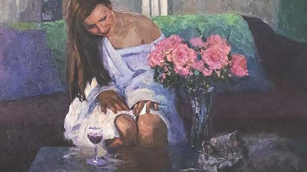 A painting by Donna Yeager, which features a woman sitting on a couch in a white robe, admiring a vase of pink roses sitting on the coffee table in front of her.