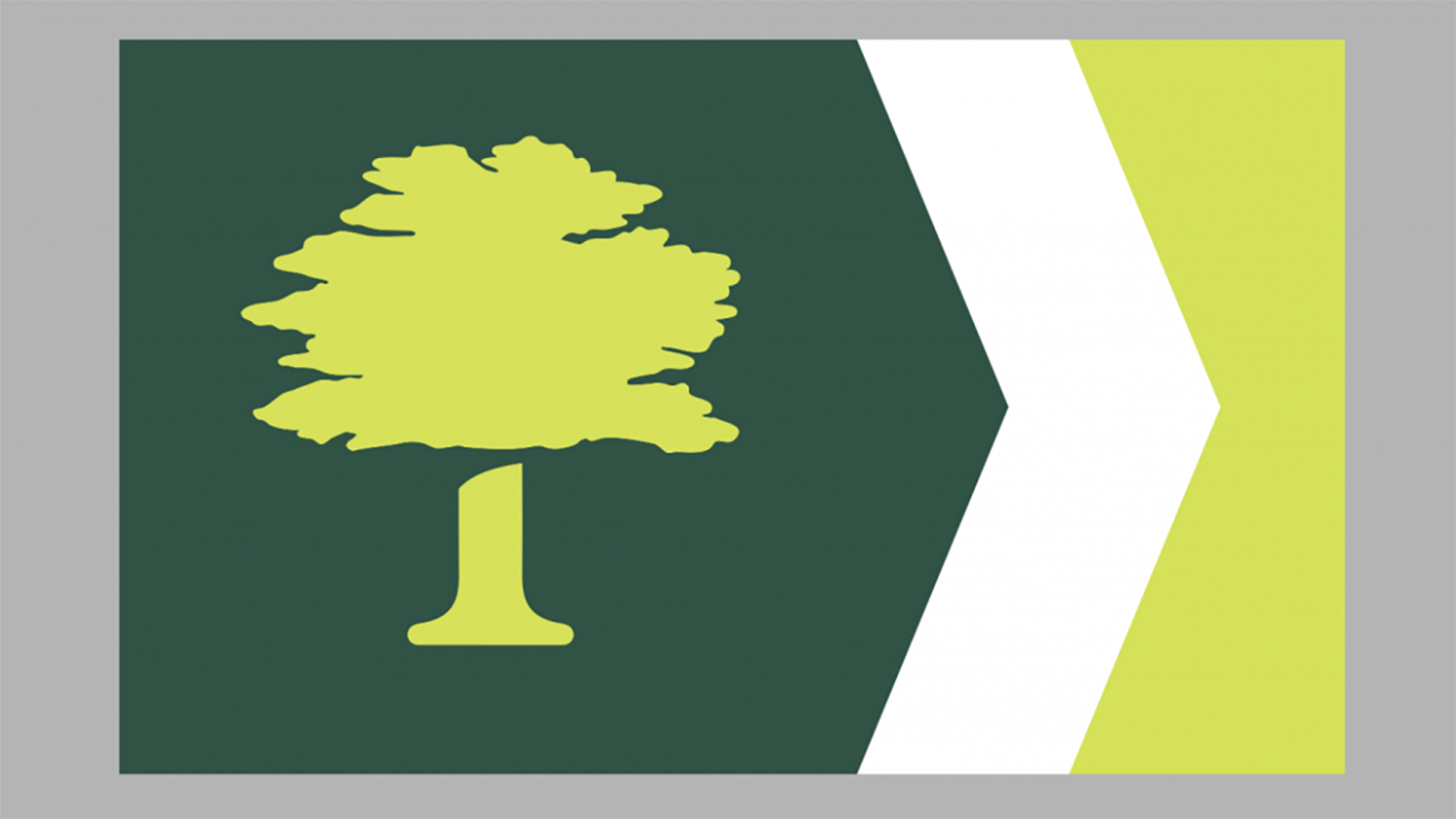 A design of a flag with a bright green, round shaped tree on a forest green background covering the left half of the flag. The right half includes three chevrons facing right - forest green, white and chevron. The background of the image is gray.
