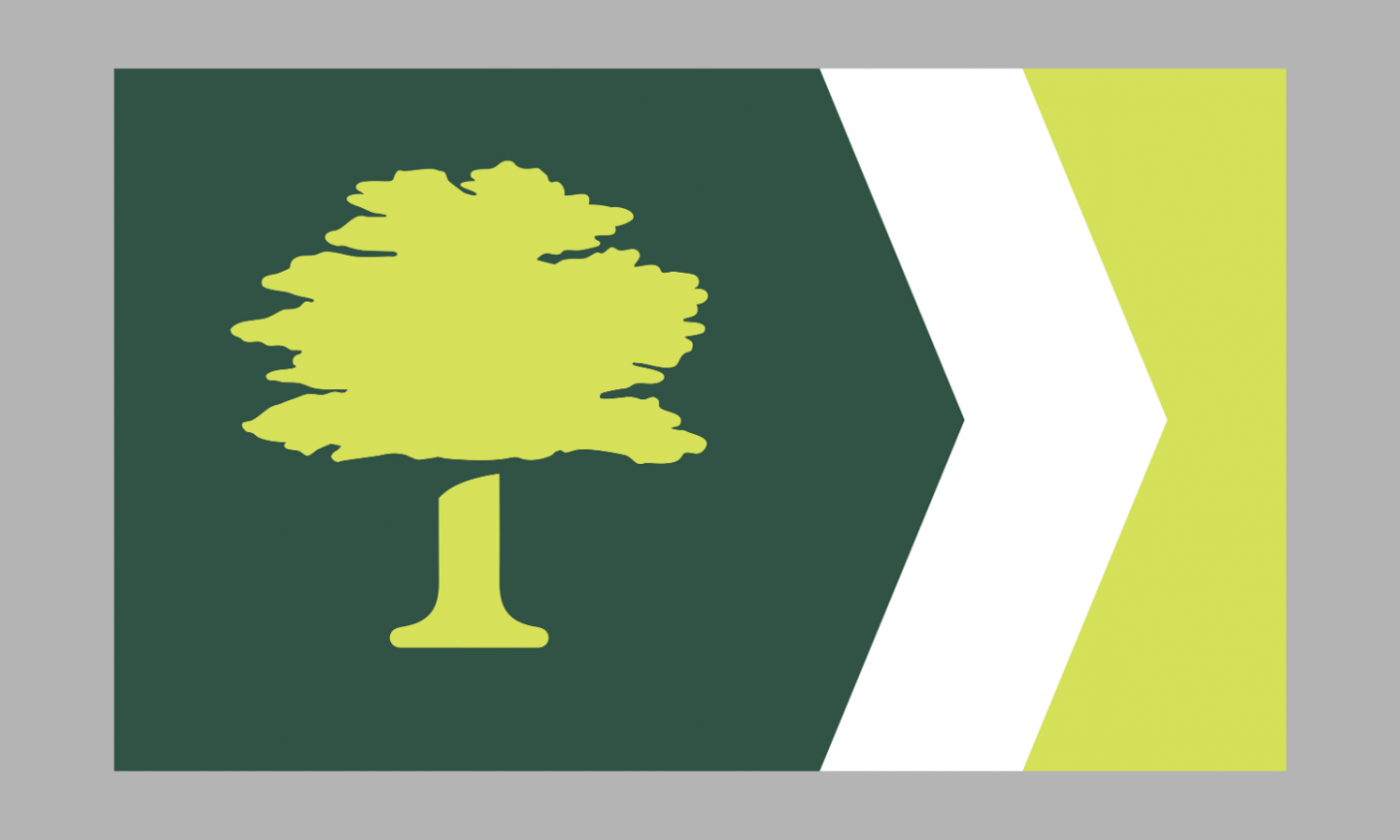 A design of a flag with a bright green, round shaped tree on a forest green background covering the left half of the flag. The right half includes three chevrons facing right - forest green, white and chevron. The background of the image is gray.